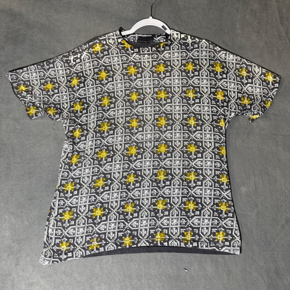 Vintage 1992 Ocean Pacific All Over Print T-Shirt Mens L Grey Yellow Surf Tee